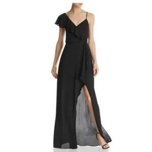BCBGMAXAZRIA Black Sleeveless Ruffle Maxi Dress with High Side Slit